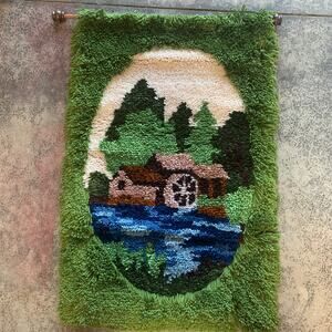 BERNAT Old Mill Stream Latch Hook Rug Wall Hanging vintage hi-lo landscape 70s?